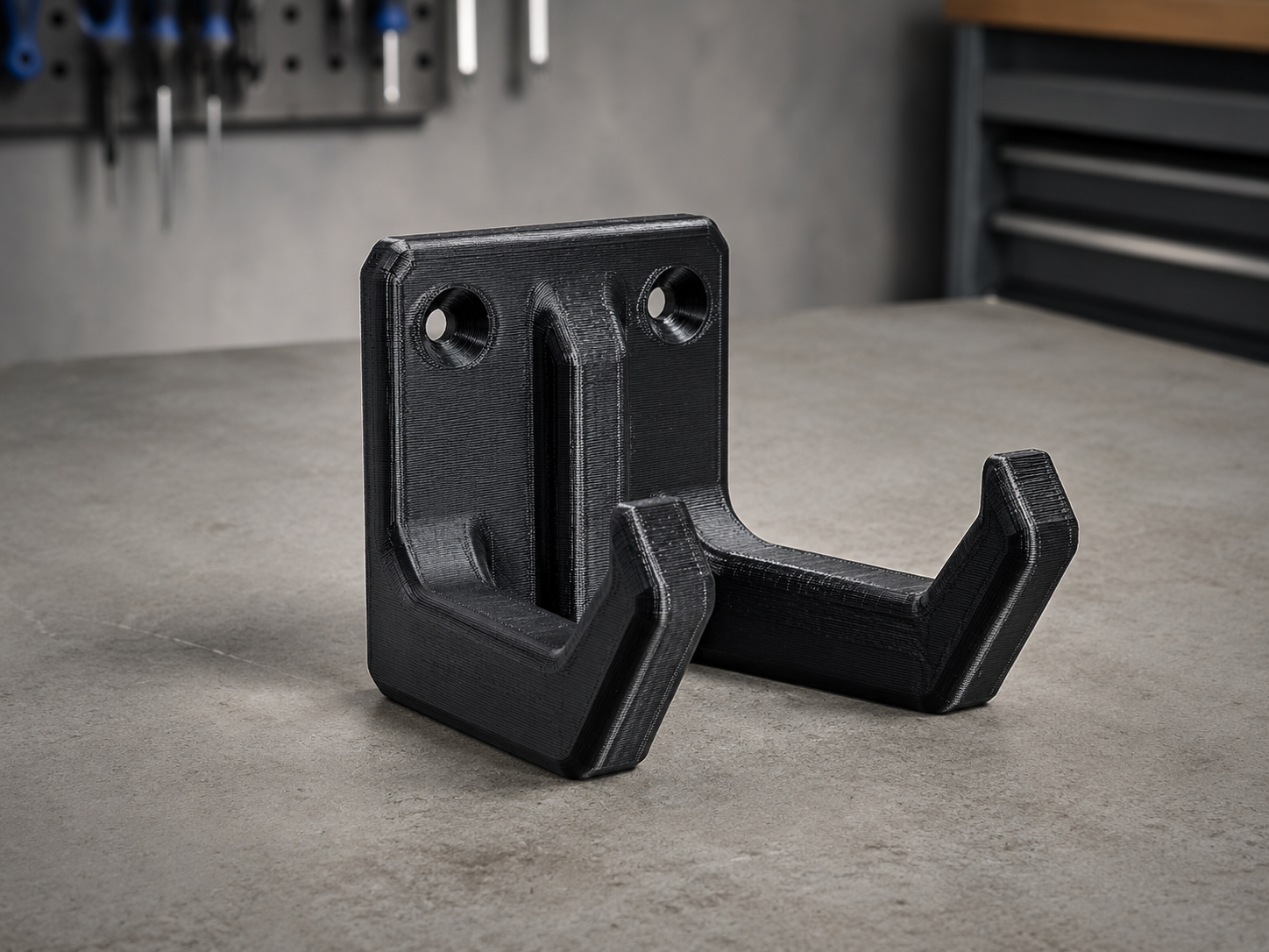 Fully visible black PETG 3D printed functional mounting bracket