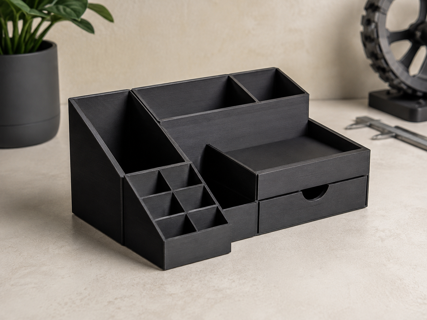 Fully visible black PLA 3D printed modular desktop organizer
