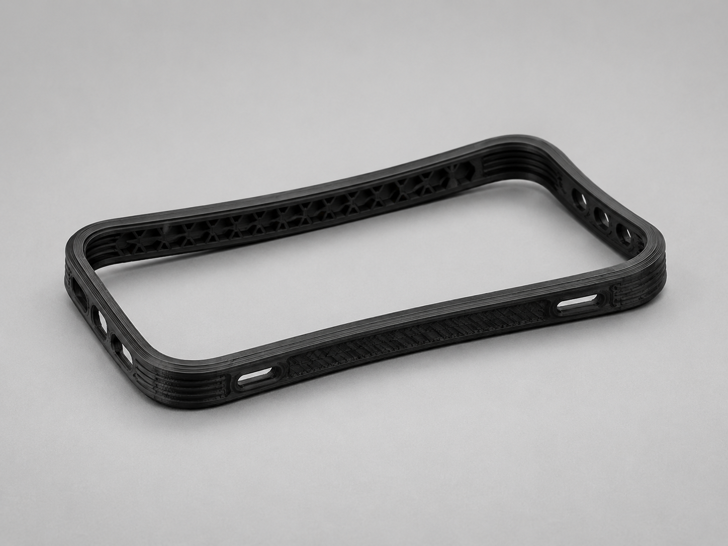 Fully visible black TPU 3D printed flexible protective bumper frame