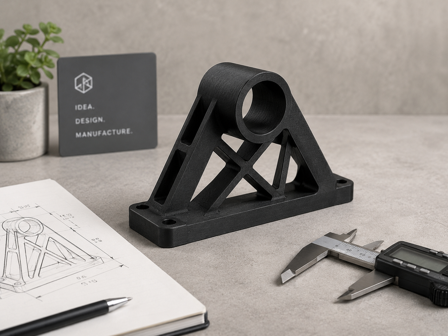 3D printed bracket with sketch and calipers on a design desk