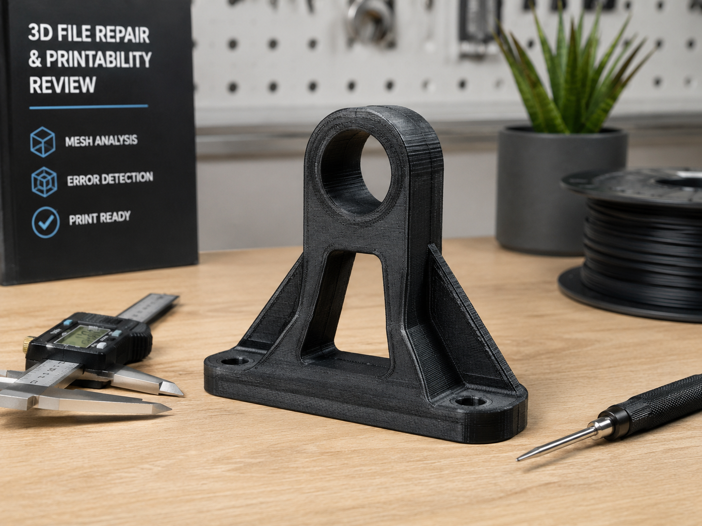 3D printed bracket on a workbench with inspection tools